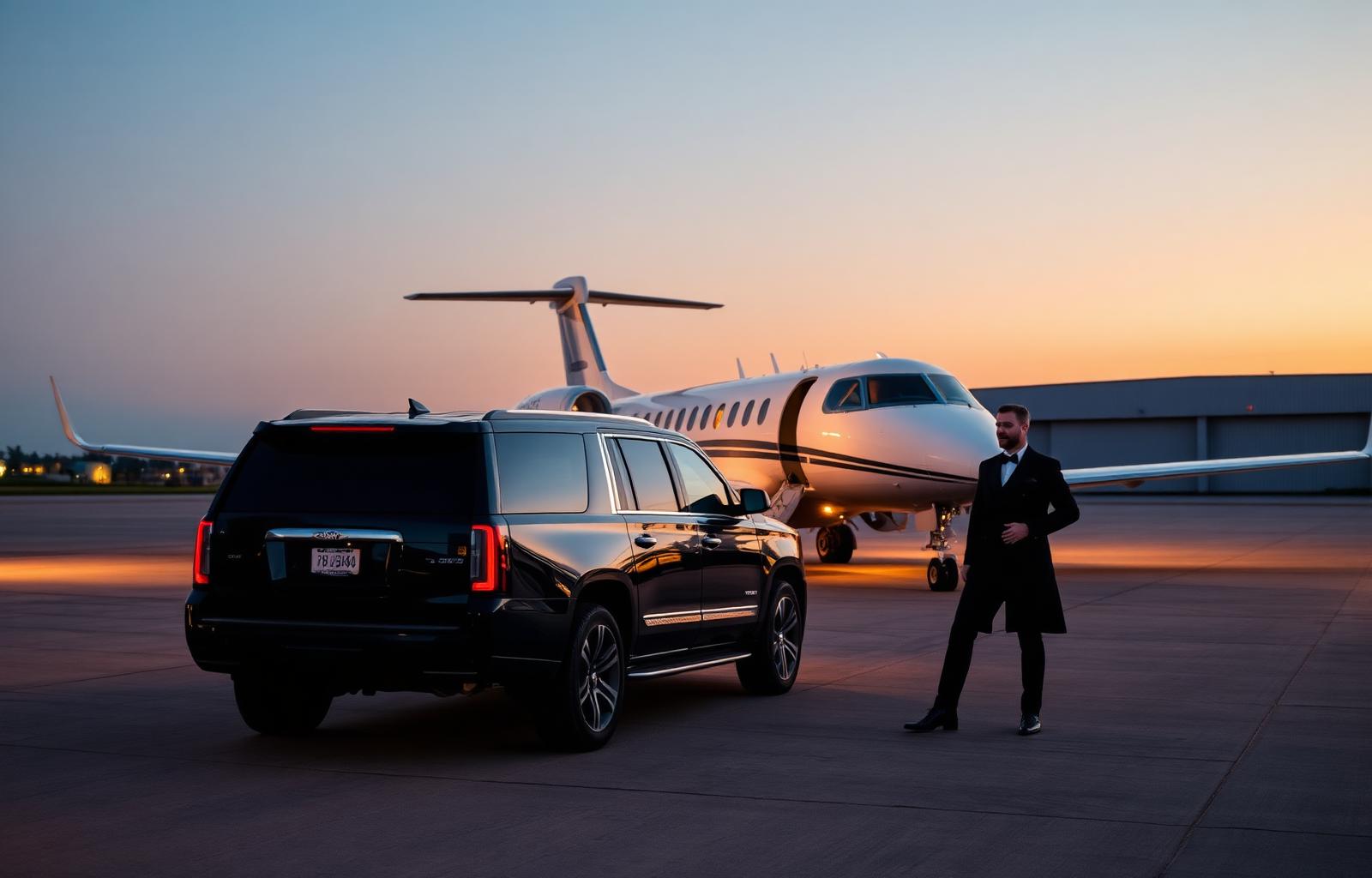 Private jet at Texas FBO with luxury SUV and chauffeur at dusk